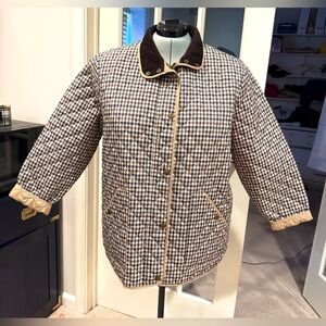 Lands' End Quilted Barn Jacket Checked Plaid Brown Corduroy Collar